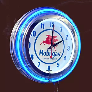 MOBIL Mobilgas Socony Vacuum Pegasus Sign 15" Double Neon Wall Clock Gas Oil - Picture 1 of 2