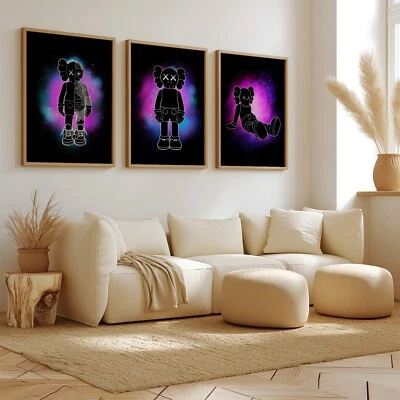 Conjunto de 3 pósters Hypebeast Kaws de neón sobre negro arte de pared impresiones A4 A3 A2 Foto 1 de 4