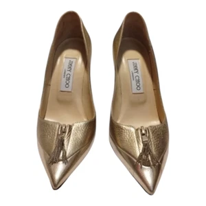JIMMY CHOO Women's Metallic Calfskin Leather Tassel Stiletto Pumps Size 37 Gold - Picture 1 of 8
