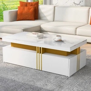 Couchtisch Kaffeetisch Sofatisch Wohnzimmertisch Hochglanz Weiß Gold 2Schubladen - Bild 1 von 15