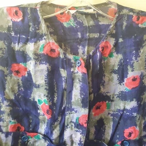 Vintage 90s Wallis Blue Tunic Blouse Sz 12 Pink Floral Pockets India - Picture 1 of 10