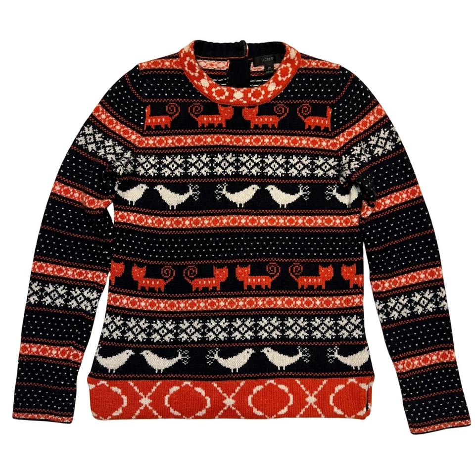J. Crew Navy Orange Cat & Bird Wool Blend Fair Isle Sweater Size XS - Image 1 of 4