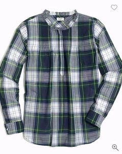 J.Crew Größe 4 bedruckte gewaschene Biesen Popover karierte Bluse lockere Passform grün - Bild 1 von 10