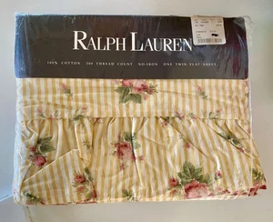 Vintage New NOS Ralph Lauren Sophie Floral Yellow Stripe Twin Flat Sheet Ruffle - Picture 1 of 4