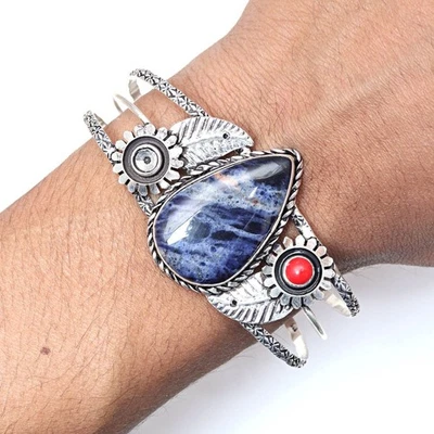 Антикварные ювелирные браслеты-манжеты из содалита с драгоценными камнями 7 дюймов регулируемые - Изображение 1 из 4