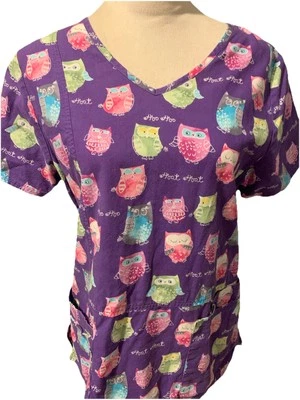 Scrub Top Scrubstar Purple with Multicolored Owls, 100% cotton Size Small - Image 1 of 4