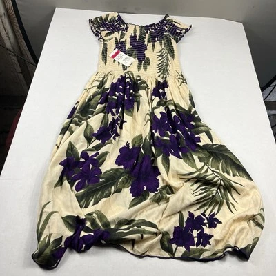 Favent Smocked Floral Maxi Dress Off Shoulder Beige Purple Hibiscus NWT One Size - Image 1 of 4