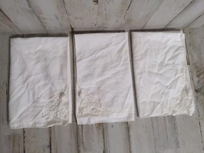 Juego de 3 servilletas de tela vintage esquina encaje lino blanco Foto 1 de 4