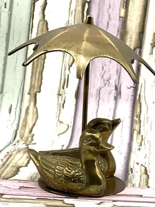 Vintage Brass Two Ducks with Umbrella Ornament Figurine - Picture 1 of 12