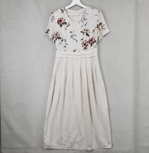 Miss Dorby Dress Womens 10 Beige Floral Linen Midi 90s Tie Back Cottagecore - Picture 1 of 8