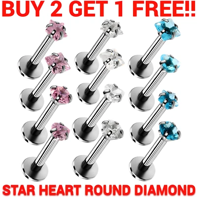 CZ Labret Monroe Tragus Bar Helix Cartilage Lip Ear Stud Ring Gem Piercing Star - Image 1 of 4