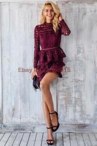 Womens Summer Lace Self Ruffl Long Sleeve Evening Party Slim Fit Shorts Dress - Picture 1 of 7