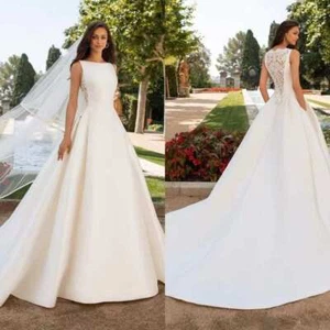 Wedding Dresses Elegnat Bateau Sleeveless Back Lace Bowknot A Line Long Train - Picture 1 of 10