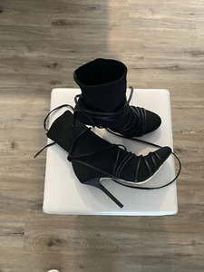 Women's Black Boots Lace Up High Heels Fabric Pleated Party Shoes Size 6 - Picture 1 of 9