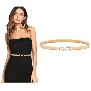 Women Metal Skinny Belt for Dress Gold Elastic Thin Waist Belt Stretch Dress ... - Picture 1 of 7