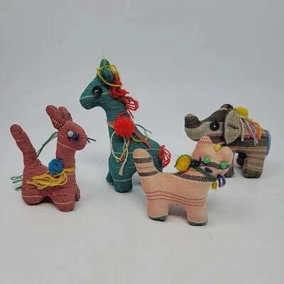 Vintage Handmade Ornament Lot 4 Stuffed Animal 3" Cloth Elephant Giraffe Cat - Image 1 of 4