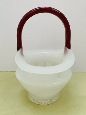 Vtg Etched Czechoslovakia Hand Blown Glass Basket Ruby Handle Smooth Pontil - Image 1 of 4