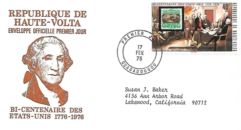 BURKINA FASO 1975 FIRST DAY COVER AMERICAN BICENTENNIAL STAMP ON STAMP - Image 1 of 1