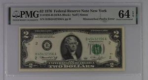 $2 1976 FRN H/B - A MISMATCHED PREFIX ERROR on DEUCE PMG Ch Unc 64EPQ - Picture 1 of 2