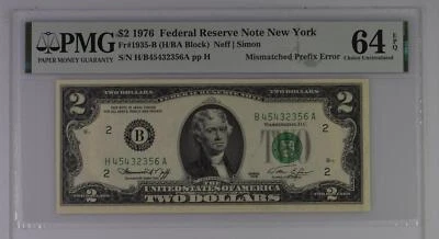 $2 1976 FRN H/B - A MISMATCHED PREFIX ERROR on DEUCE PMG Ch Unc 64EPQ - Image 1 of 2