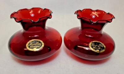 Pair of Anchor Hocking Royal Ruby Red Glass Squat Ball Bud Vases w/ Ruffled Edge - Image 1 of 4