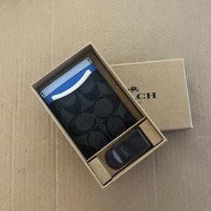 ๐๐ท COACH 3 in 1 Card Case And Money Clip In Charcoal Blue *AUTHENTIC* NWT - Picture 1 of 4