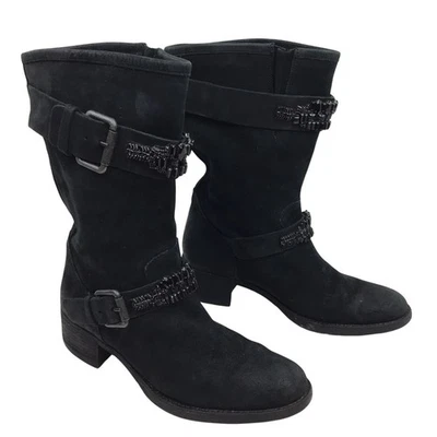 Botas Vera Wang lavanda negras gamuza media pantorrilla con correas y hebillas adornadas 9,5 Md Foto 1 de 4