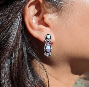 Handcrafted Native American Sterling Silver Opal Earrings Zuni Jewelry - Picture 1 of 10