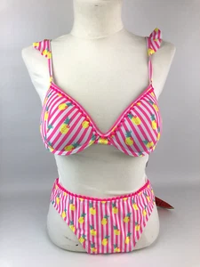 Matalan Pink White Striped 2 Piece Bikini 34B Top UK 16 Pineapples Holiday T461 - Picture 1 of 14