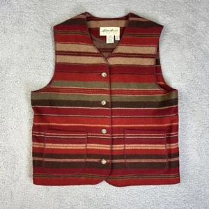 Vintage Eddie Bauer Vest Womens Medium Red Stripe Wool Nylon Navajo Aztec Button - Picture 1 of 6