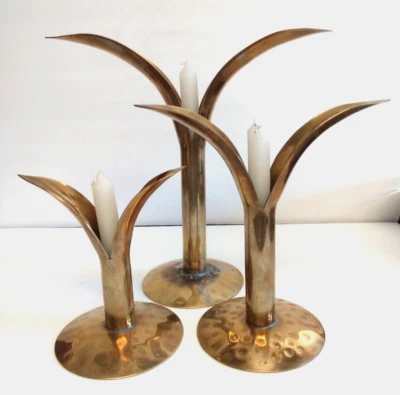 Set of 3 Vintage Brass Split Leaf Shape Candle Holders Made in India - Image 1 of 4