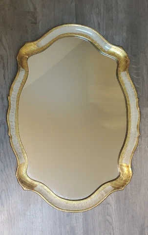 Vintage Gilt Gold Cream Hand Painted Wood Framed Florentine Italy Wall Mirror Cover