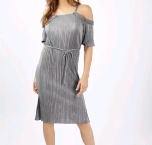 TOP SHOP Silver Metallic Dress Womens 6 Plisse Lace Trim Cold Shoulder Strappy - Picture 1 of 24