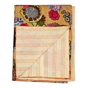 Beige Floral Indian Kantha Quilt Blanket Cotton Twin Size Bedspread Gudari Throw - Picture 1 of 4