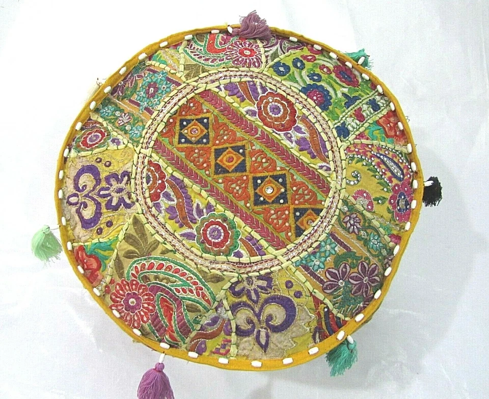 Khambadiya Floral Patchwork Round Bean Bag Pouf Ottoman Pouffe Cover Seat Stool - Image 1 of 4
