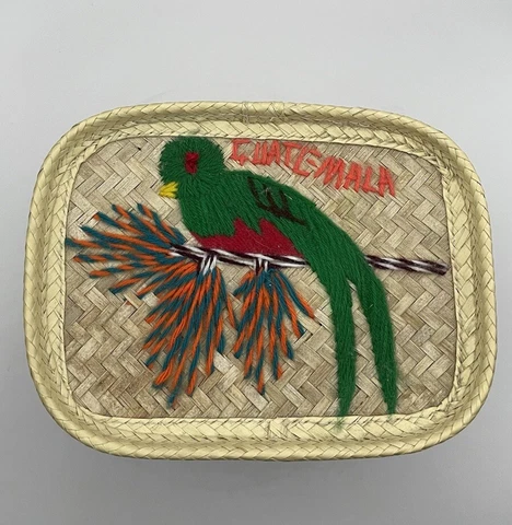 Vintage Handmade Guatemala ￼Embroidered Bird Wicker Basket with Lid 8” by 4” Cover