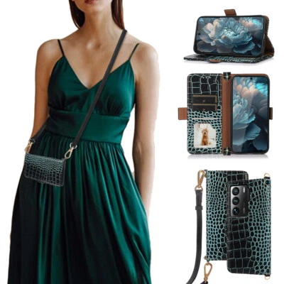 For ZTE AXON 40 Ultra Crossbody Genuine Leather Wallet Bag Case Crocodile - Image 1 of 4