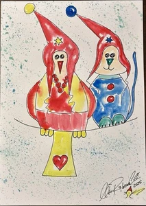 Orig. Aquarell Ute Rabenalt *UL-LI /Gute Team - Vogel/Katze/ Orig. UR* 2025*A4 - Bild 1 von 2