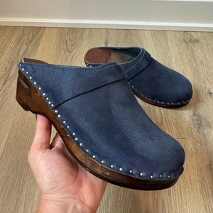 Troentorp Swedish Clogs Blue Suede Slip-On Wooden Clogs Size EU 37 US 7 Studded - Picture 1 of 10