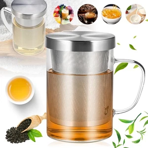 Glas Teetasse mit Edelstahl Sieb und Deckel Große Teeglas Tea Cup mit Griff DE - Bild 1 von 11