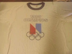 Vintage Hanes tag 1980 Olympics Mockba single stitch tshirt sz M 38-40 blue trim - Picture 1 of 10