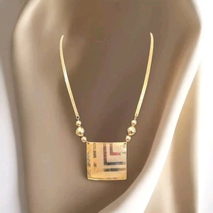 Retro Goldtone Square And Beads Statement Necklace 80s Theme - Picture 1 of 7