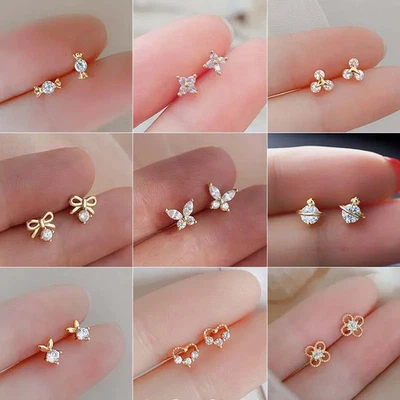 Gold Tone Mini Zircon Stud Earrings Women Flower Candy Hypoallergenic Jewelry - Image 1 of 4