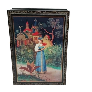 Russian Wooden Black Lacquer Footed Tea Box Boyarinoff Handmade Scarlet Flower - Picture 1 of 9