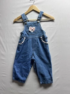 Vintage Girls Chelsea Denim Overalls Lace Rose Ribbon 90s Style Toddler Size 3T - Picture 1 of 7