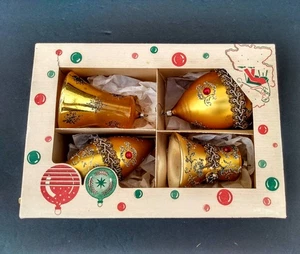 West Germany Vintage Merkur Glas Christbaumschmuck Gold Glitzer 4er Set - Bild 1 von 19