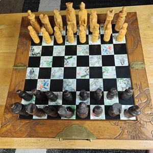 Chinese Chess Set w/ Carved Pieces & Folding Inlaid Board W/ Hidden Trays - Picture 1 of 24