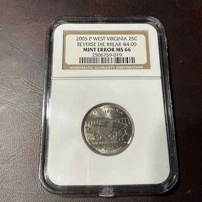 GEM BU 2005-P MINT ERROR DIE BREAK CUD West Virginia State Quarter NGC MS66 - Image 1 of 3