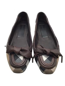 Burberry Womens Plaid Canvas & Leather Bow Flats Size 37 Brown Beige - Picture 1 of 13