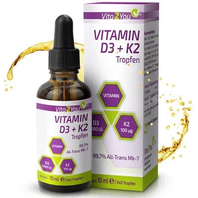 Vita2You Vitamina D3 + K2 Gotas - 5000IE Vitamina D - 100mcg Vitamina K2 - 10ml